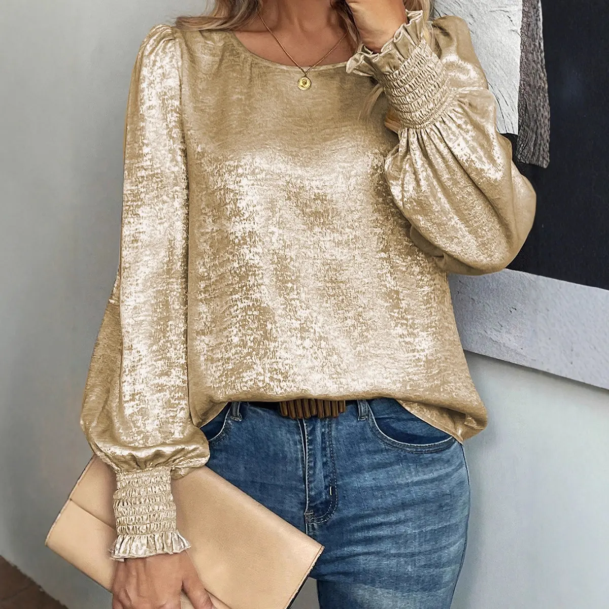 Minimalist Shirred Blouse for Women, Basic Long Sleeve Round Neck Top for Dressy Casual Business Work