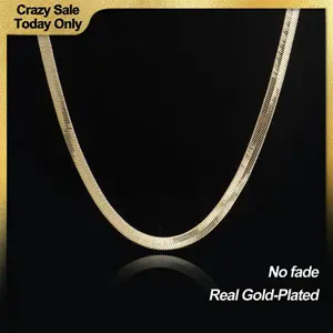 Gold Plated Herringbone Chain Necklace for Men, Flat Snake Design, Smooth Shine
