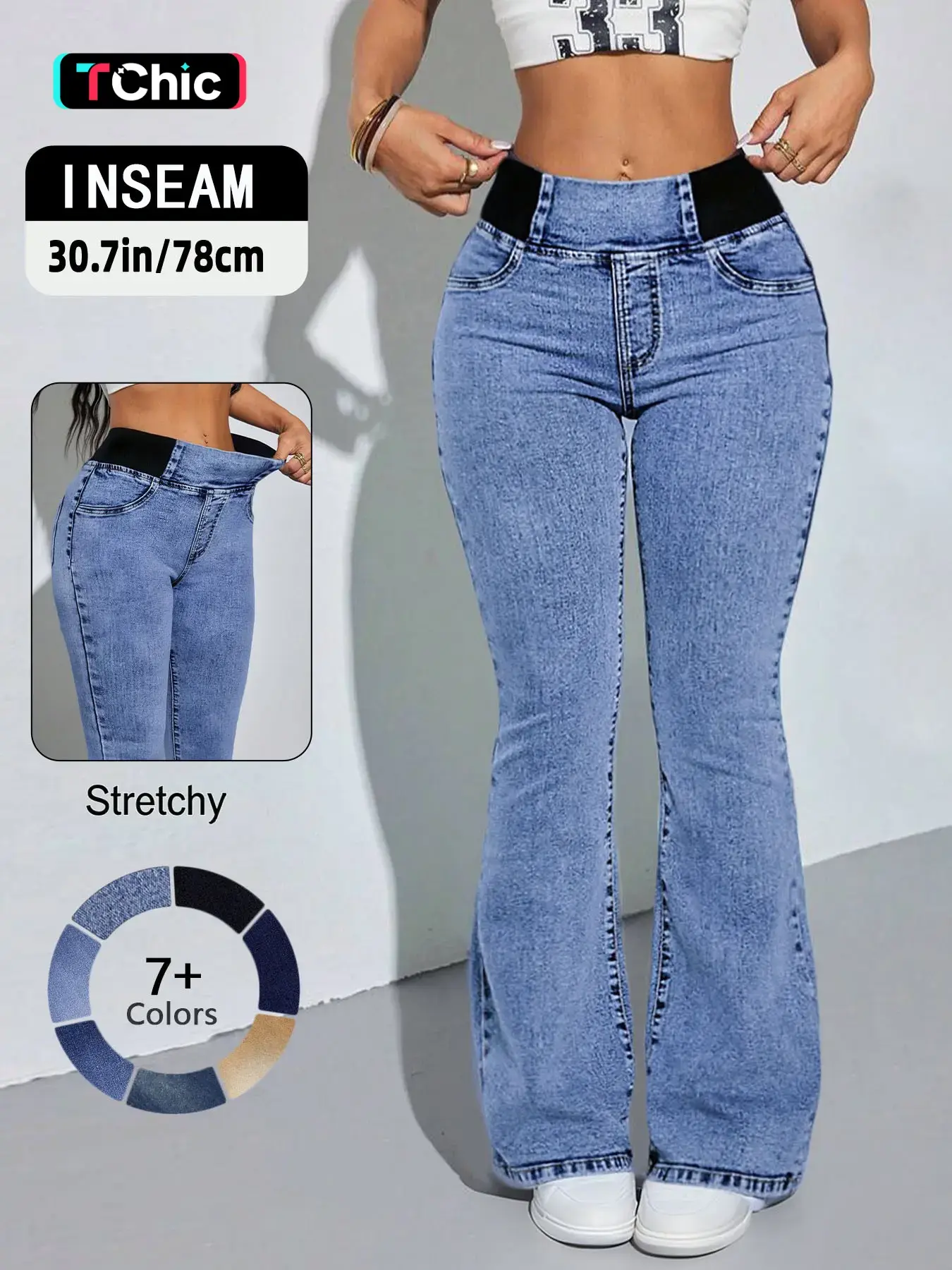 GILIPUR Y2K 2026 Women's Back Shirred Jeans,Mid-To-High Waist Elasticity Waist Flared Jeans,With Pockets,Light Blue Washing Process,Women's Bell-Bottoms Wide-Leg Jeans,Waist-Cinching Design,Yes Denim,Bootcut Jeans,Yess Denim,Red Boots Outfit Tiana,T-Chic