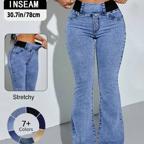 【Black Friday】GILIPUR Y2K Women's Elastic Waist Flared Jeans, Streetwear, Mid-To-High Waist Jeans with Pockets, Light Blue Wash Denim Pants