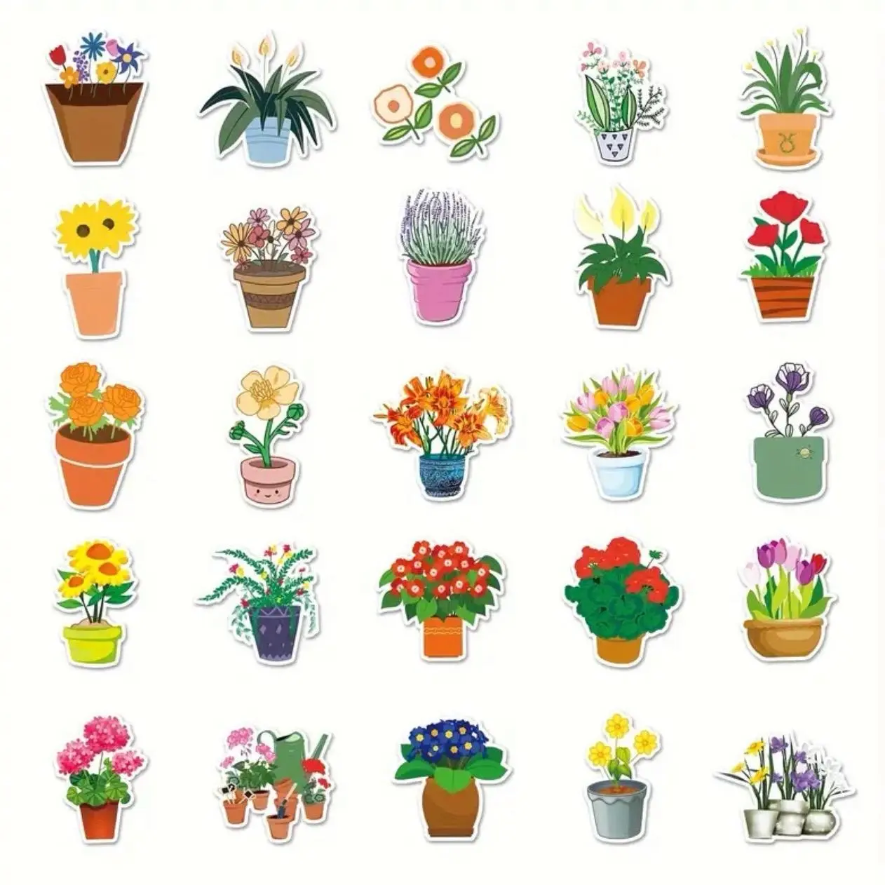 50 Pack of potted flowers and plants stickers and decals. Bright Vibrant Beautiful Colors. Waterproof, No Duplicates. Great For DIY Craft, Decoration, Gift, Water Bottle, Notebooks, Journals and More