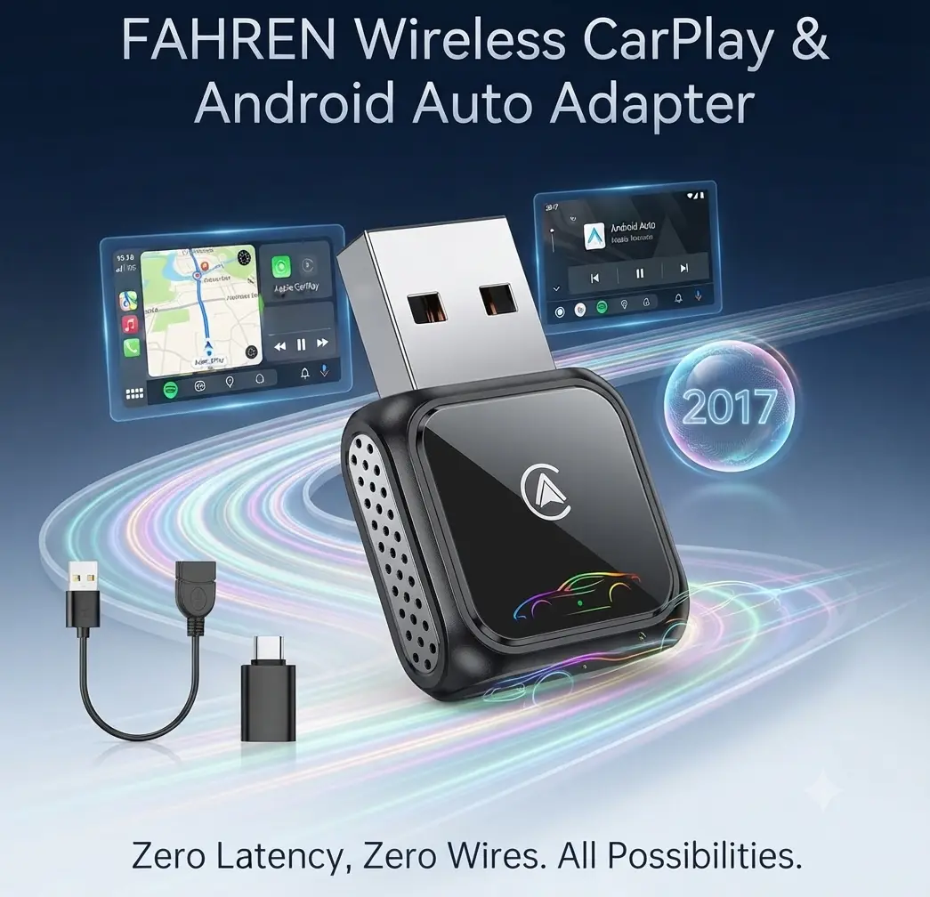 FAHREN Super Mini Wireless CarPlay Adapter | Upgraded Bluetooth Dongle, Zero Latency, Compatible with iPhone 6+, Android Auto 10+, 2017+ Cars, USB/Type-C
