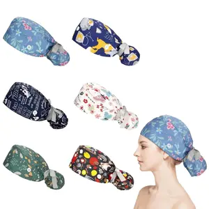 6 Pack Scrub Caps Women Bouffant Scrub Hats Caps Nurses, Adjustable Working Cap Ponytail Pouch Tie Back Hats