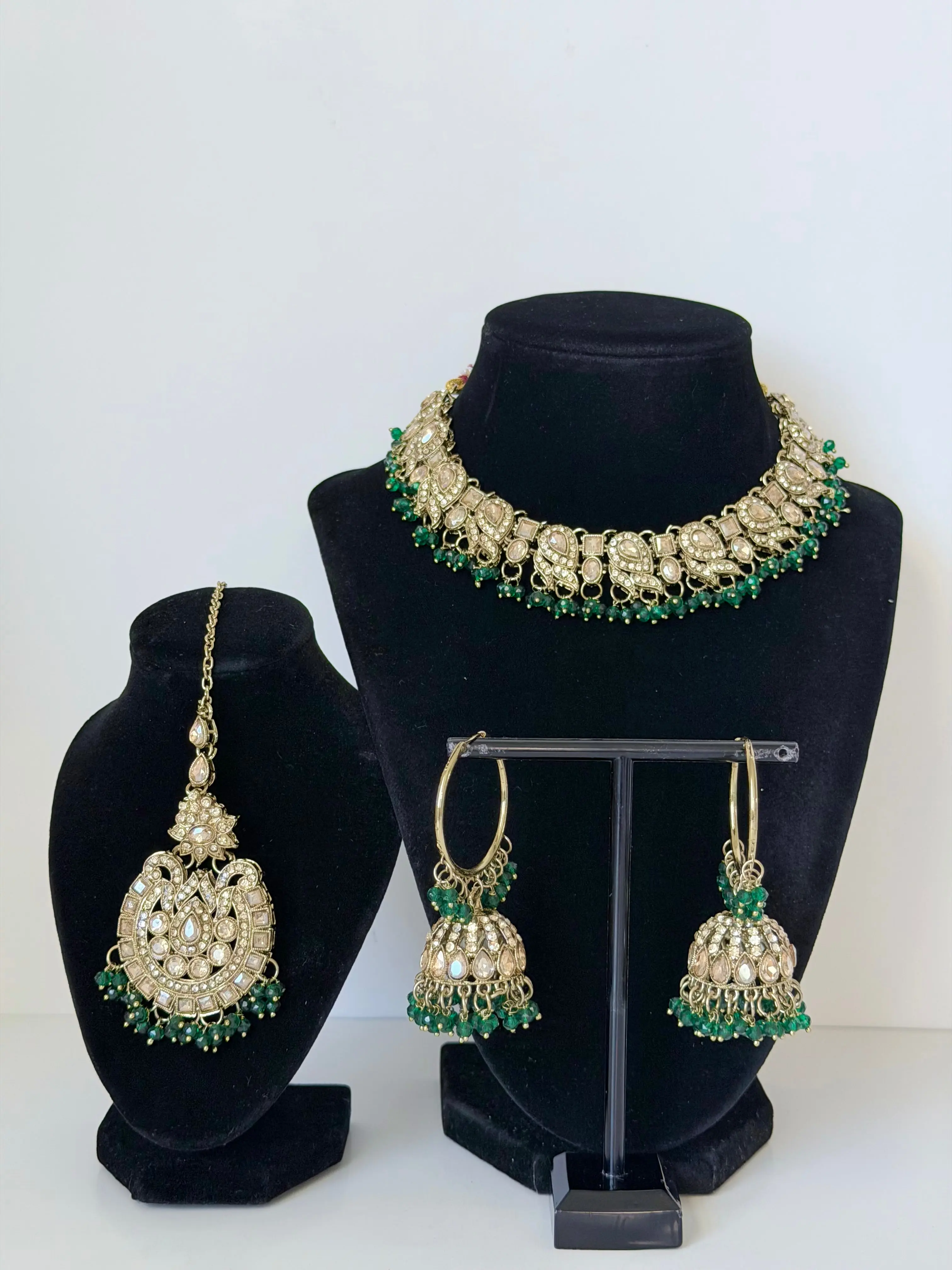 Bollywood Prisha Stonework Necklace Set with Bali Jhumka and Mangtika