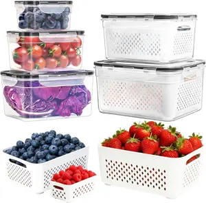 Fruit Storage Containers 5-Pack Large for Fridge with Removable Colander, 2 in 1 Produce Storage Containers, BPA-Free Fridge Organizers and Storage Keep Fruits, Vegetables, Berry Fresh Longer