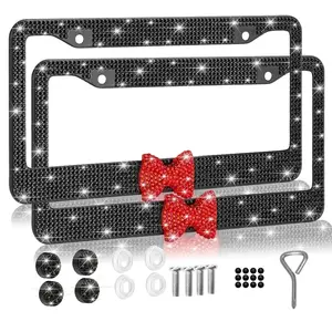 2pcs Sparkling Frames For Women - High-quality Stainless Steel Raine Stone Labels Covered With Handcrafted Crystal Diamonds And Gift Bows, Sparkling Car Parts For Girls Personalized Car Plate License Plate Frame