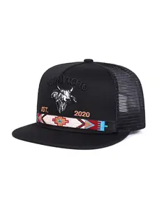 Men's Embroidered Bull Head Hip Hop Hat, Adjustable Mesh Back, Lightweight Sun Protection Cap with Colorful Trim, Mesh Baseball Cap, Embroidered Snapback Cap