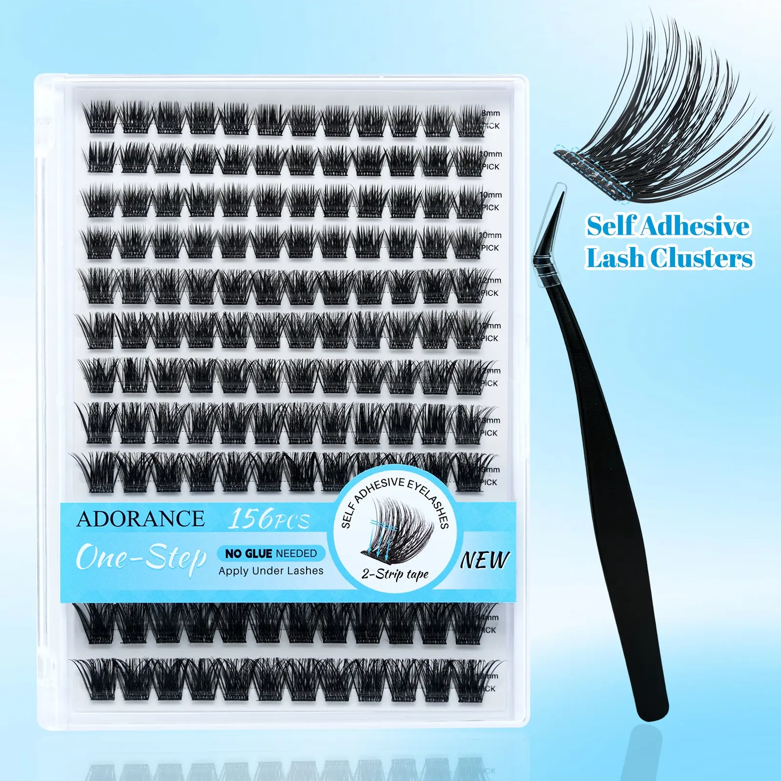 ADORANCE 156 PCS Self Adhesive Lash Clusters Kit, Pre-Glued DIY Eyelash Clusters with Non-Stick Applicator, No Glue Needed, No Residue, Natural Wispy Lash Extensions for Daily Wear, Party, Travel & Makeup, Curl Cluster Lashes, Self Adhesive Eyelashes
