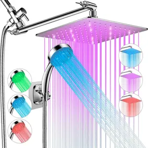 LED Shower  with High  10'' Rain Shower , 11'' Adjustable Extension Arm, Color Changing Based  Water Temperature, Stainless Steel, 60'' Hose, Chrome