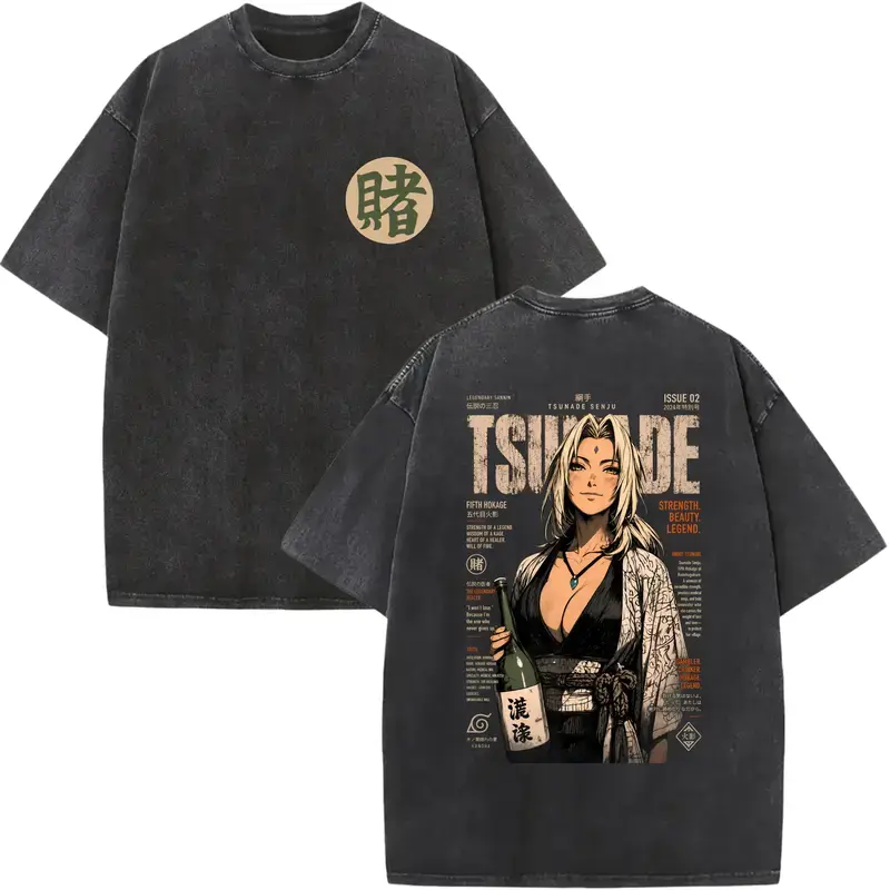 Men's Graphic T-Shirt, Vintage 100% Cotton Shortsleeve Round Neck Top with Double-Sided Acid Wash Tsunade Anime Print, Menswear, Tops, Clothes, Vintage Retro
