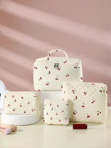 Large Capacity Cherry Print Makeup Bag Travel Organizer Set, Stores Brushes Skincare Cosmetics, Perfect for Women Girls Gym Vacation