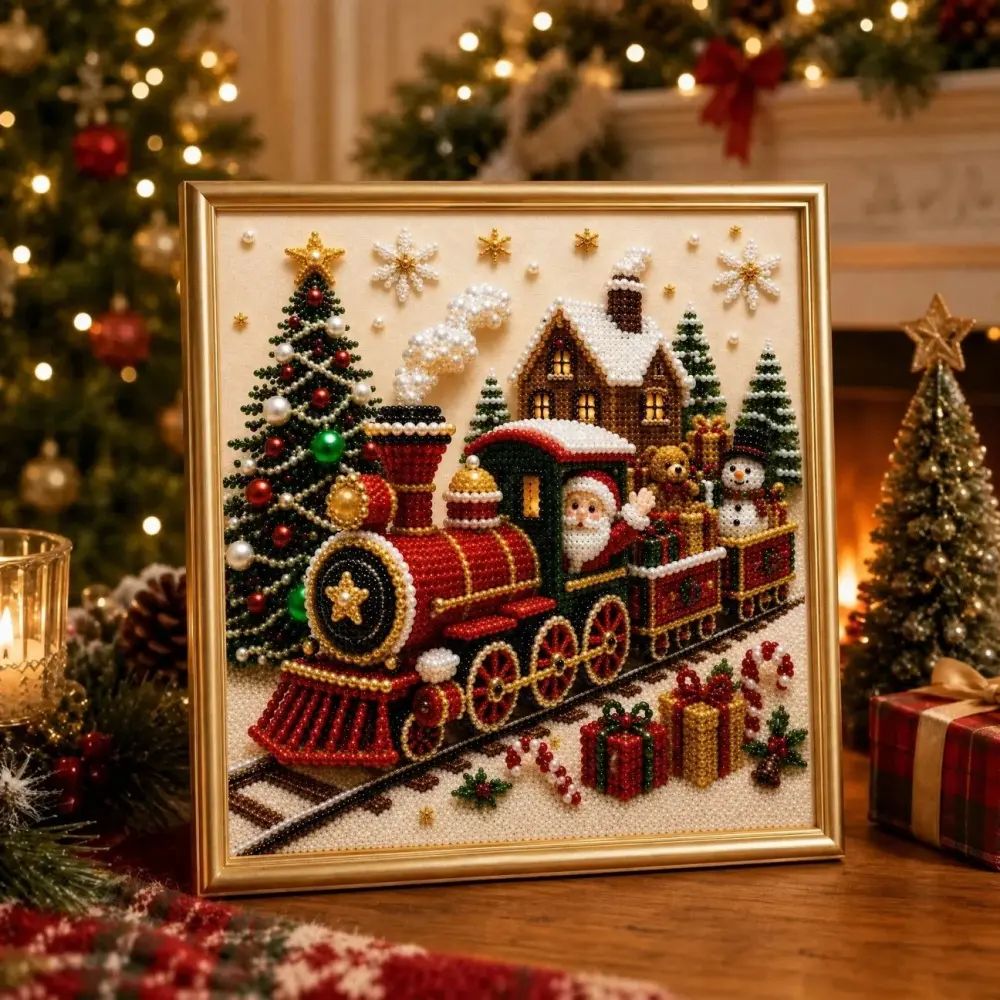 Christmas Pearl Diamond Painting Kit, DIY Bead Art Canvas with Wooden Frame, Xmas Santa Reindeer Pattern, Complete Tools Set, Handmade Home Wall Decor, Holiday Craft Gift for Adults & Teens