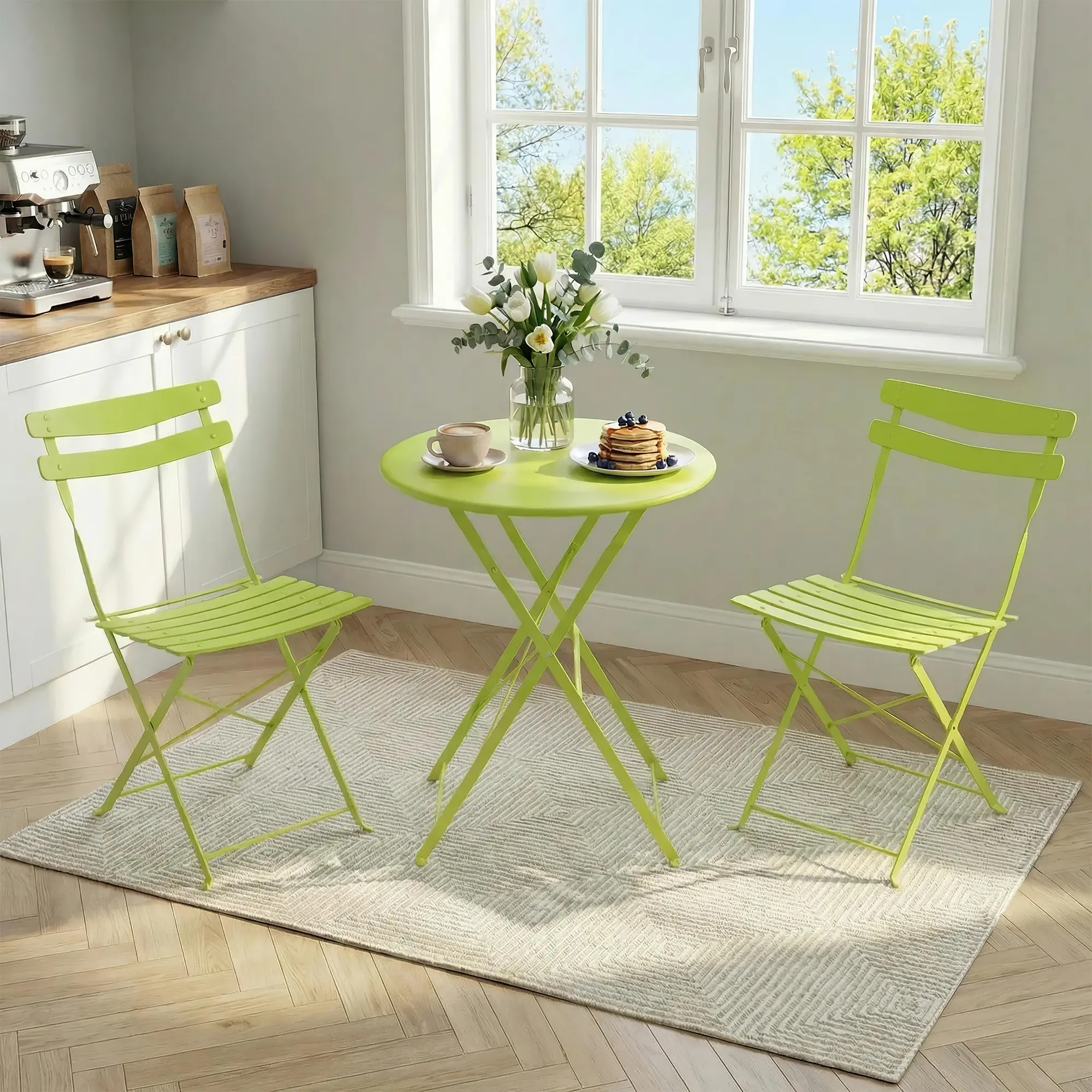 3-Piece Outdoor Living Set, Folding Steel Frame Patio Bistro Table and Chairs, Weather-Resistant Outdoor Furniture for Balcony, Garden