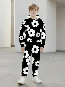3D Floral Print Long Sleeve Hoodie Set, Fashionable New Design, Casual Youth Clothing, Fall & Winter Style, Hooded Sweatshirt Set