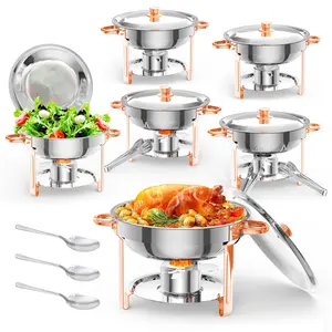 Gaomon 6-Pack Sturdy Round 5QT Stainless Steel Chafing Pans Buffet Tray Set, Rose Gold Food Warmers with Heat Retention, Lids and Lid Holders
