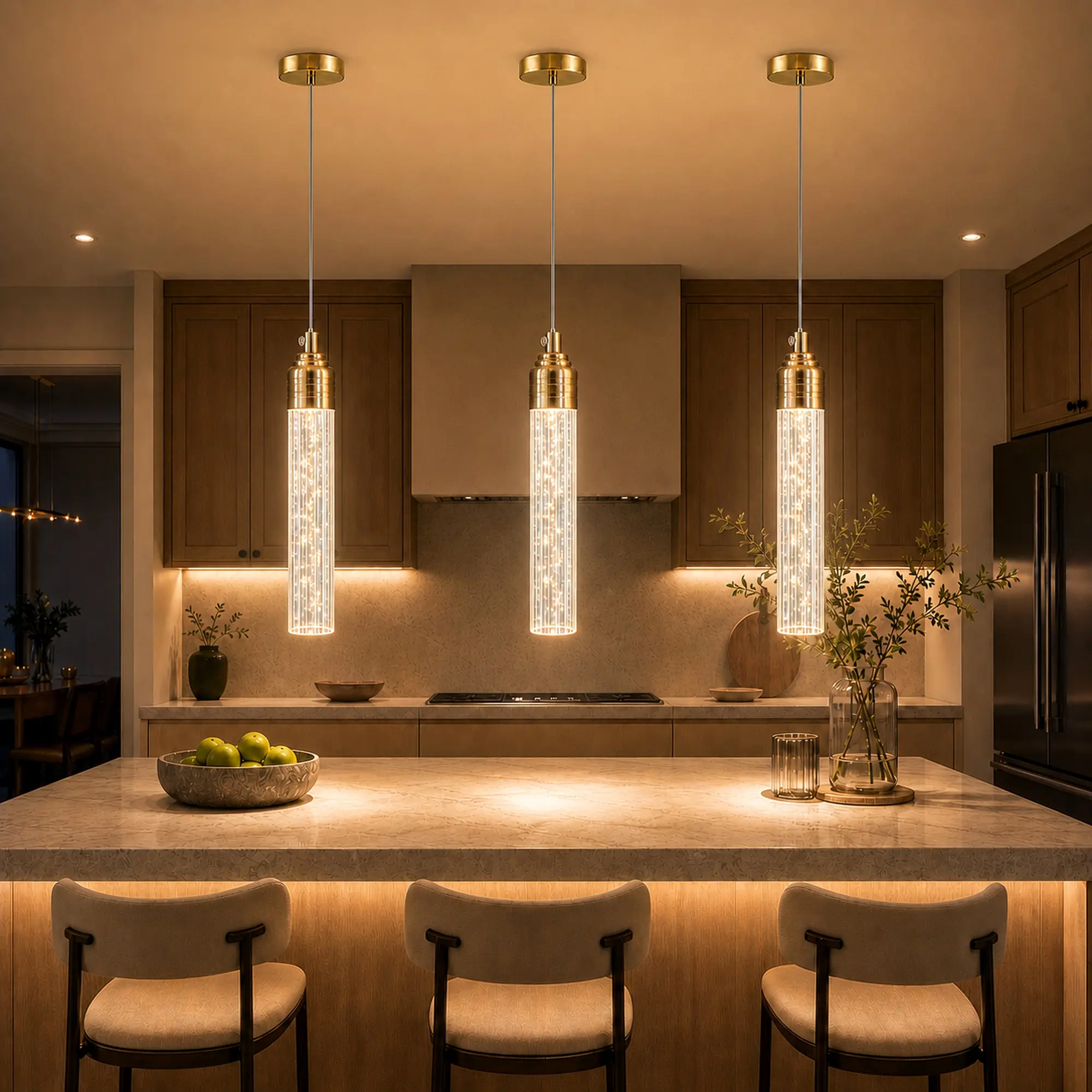 Gold Pendant Light for Kitchen Island, 3CCT Dimmable Crystal Bubble Glass Hanging Light, Adjustable Modern Ceiling Fixture for Dining Room, Bedroom, Over Sink