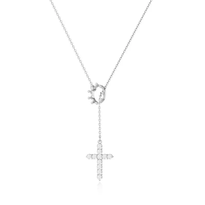 Women's Elegant Y-Shaped Lariat Necklace - Delicate Metal-Coating Chain, Crown Charm, Rhinestone Cross Pendant, Everyday-Party Aesthetic Female Costume Jewelry, Thoughtful Gift, Rhinestone Accents