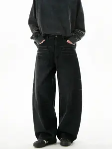 Custom acid-wash blue denim pants — men’s wide-leg jeans, loose casual streetwear trousers with pockets, Polyester, Menswear