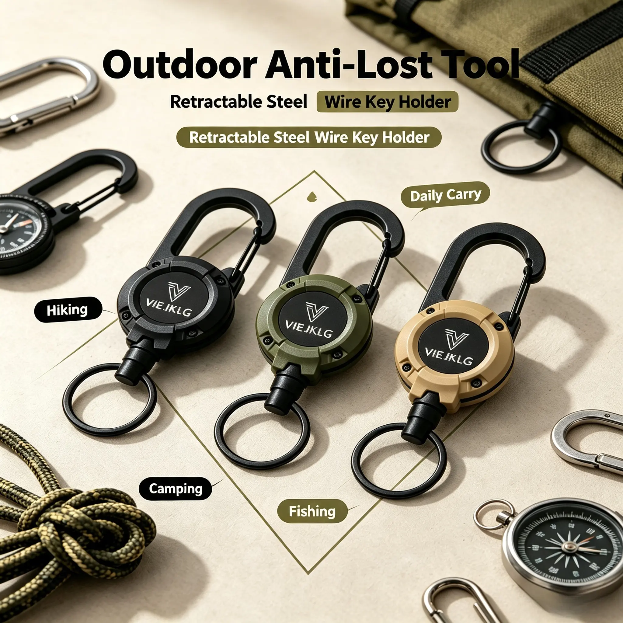 Anti-break Retractable Steel Wire Key Lanyard, 3-in-1 All-purpose Buckle Clip Portable Gear Accessory for Fishing Camping Construction Work