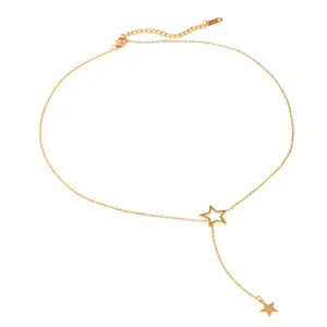 Dangling Star 18K Gold PVD Necklace with Twin Star Charms Hypoallergenic Waterproof & Tarnish Resistant Celestial Magic Jewelry