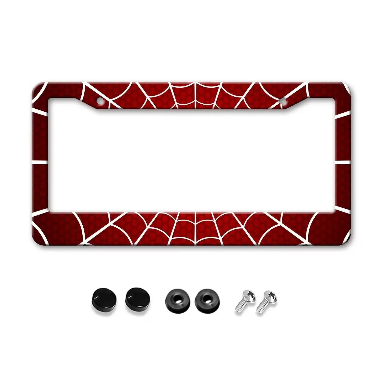 Metal White Web Red Cellular License Plate Frame - Cute Spider Hero Mesh Pattern Aluminum Car Tag Cover with Screws Caps, Anime Superhero Auto Exterior Accessory Gift for Men, Fits US 12x6 in