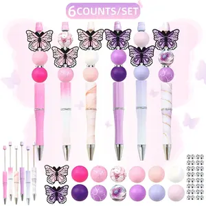 Butterfly Design Ballpoint Pen Set, 6 Counts/12 Counts DIY Beaded Ballpoint Pen with Silicone Beads, Writing Pen for School Office Dormitory Home