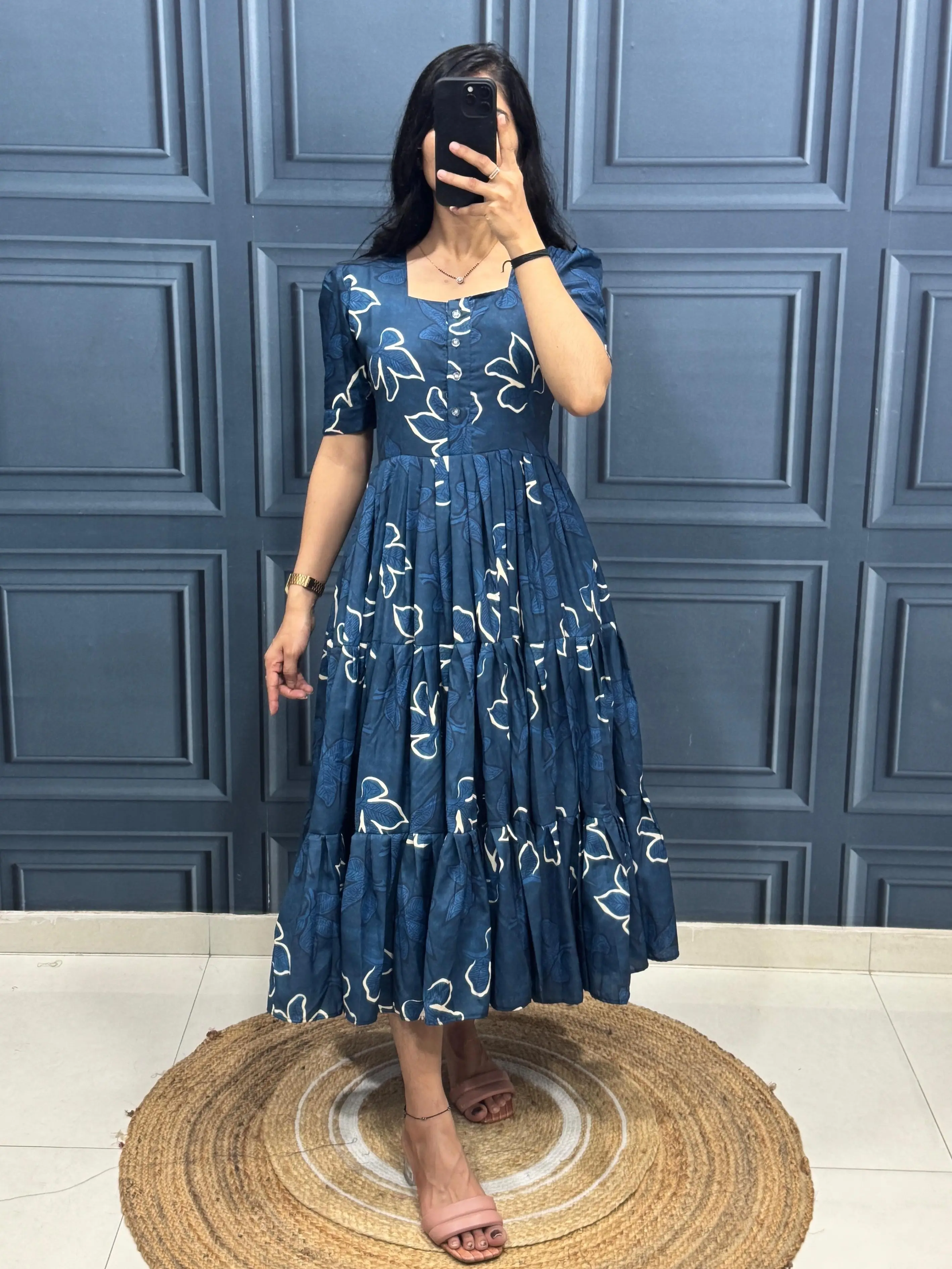 Women's 3-Layer Light Muslin Soft Cotton Printed Lightweight Full-Length Dress - Breathable, Comfortable, Elegant, Flowy Easy Fit, Below Knee, Brunch-Ready Style for Everyday Wear