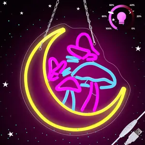 SERBASIC Dimmable Moon Mushroom Neon Sign - Artistic,Cute,Moon-Shaped,Whimsical Light Signs, Adjustable Brightness LED, USB-Powered, 11.8"x12" Indoor Wall Decor, Bedroom Gift, Artistic Light Signs
