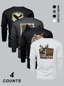 Men's Fashion Camo Animal Print Long Sleeve Round Neck T-Shirt Set, Comfortable Stretch Fabric, Spring & Fall Wear, Sports and Outdoor Activities, Athletic Sports Clothing, Sporty T Shirt, Athletic Top