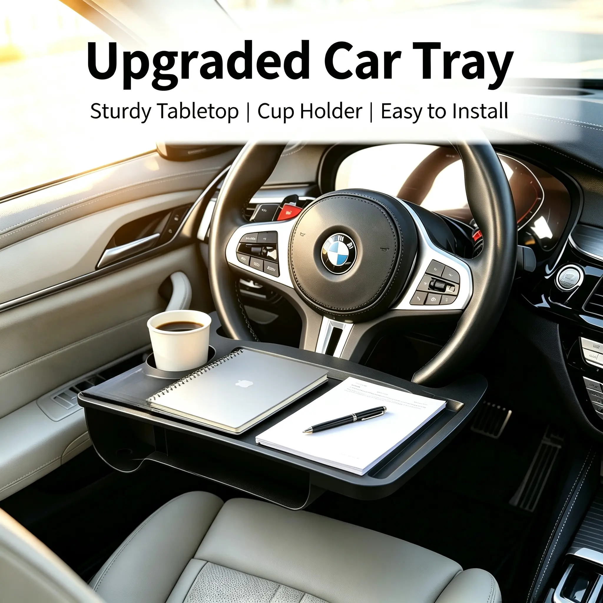 2-in-1 Car Steering Wheel Tray with Storage Box, Multifunctional Auto Laptop Desk Food Eating Tray，Essentials for Commuting by Car,auto storage tray, car eating tray, car interior accessories, road trip essentials