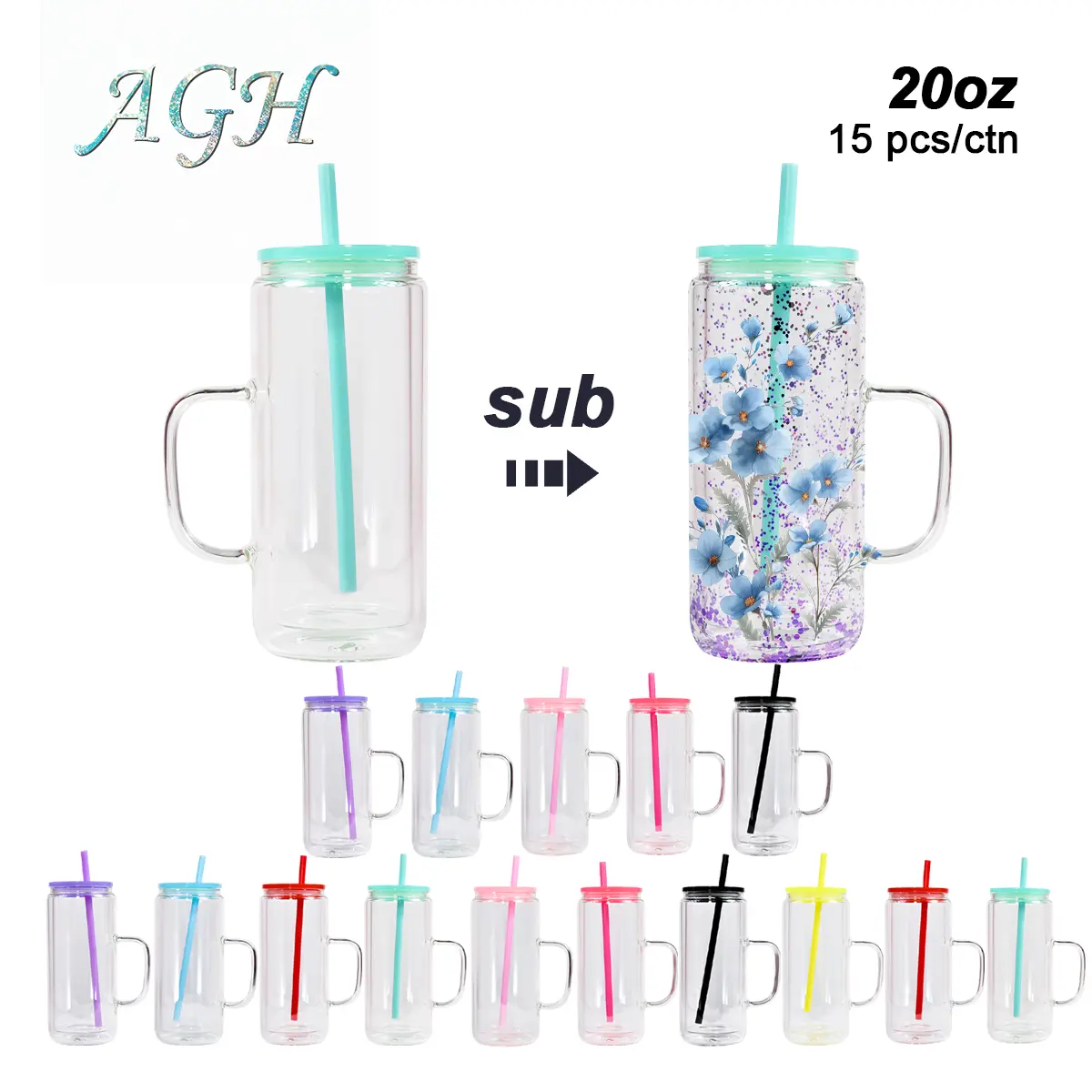 AGH US 20OZ Exclusive Snow Globe double wall Glass glitter handle tumbler with coloring plastic mixed lids 15pcs/carton