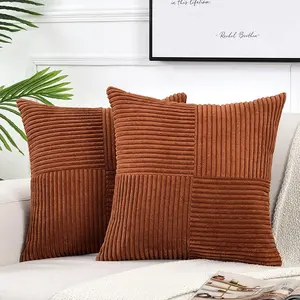 2 Packs Rust Boho Decorative Throw Pillow Covers 18x18 Inch for Couch Bed Sofa, Farmhouse Fall Home Decor, Soft Corss Corduroy Patchwork Textured Terracotta Accent Cushion Case 45x45 cm
