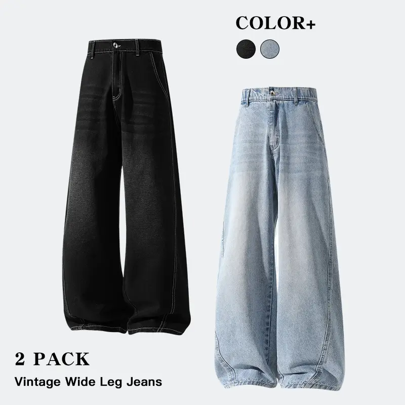 Unisex 2 Piece Vintage Wide Leg Jeans Contrast Stitch Denim Pants For Workout Daily Streetwear
