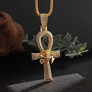 Iced Out Eye of Horus Ankh Cross Pendant Ancient Egyptian Necklace Chain Ancient Egyptian Religious Symbol Protection Chain Jewelry for Men Women with Stainless Rope Chain,Christmas Birthday Gift