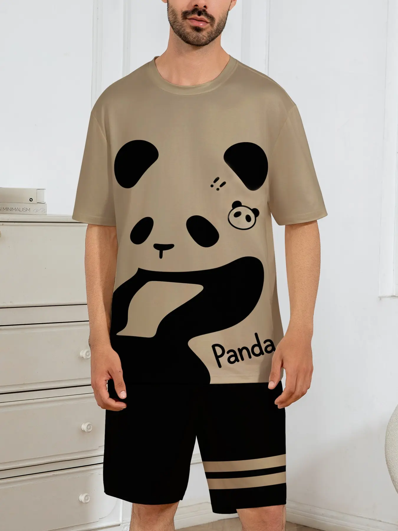 Men's Cartoon Panda Print Short Sleeve Top & Plaid Shorts Pajama Set, Shirt Shorts Pyjama, Casual Slim-Fitting Sleepwear, 2 Piece Set, Comfortable Nightwear, Pyjamas, Pjs, Loungewear