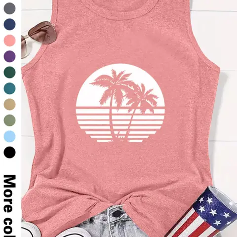 Women's Coconut Tree Print Round Neck Tank Top, Graphic Top, Sleeveless Tank Tops, Casual Sleeveless Top for Beach Vacation Holiday, Ladies Clothes for All Seasons