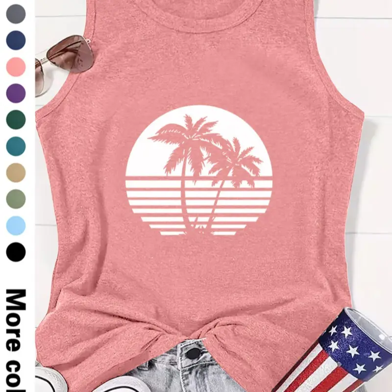 Women's Coconut Tree Print Round Neck Tank Top, Graphic Top, Sleeveless Tank Tops, Casual Sleeveless Top for Beach Vacation Holiday, Ladies Clothes for All Seasons