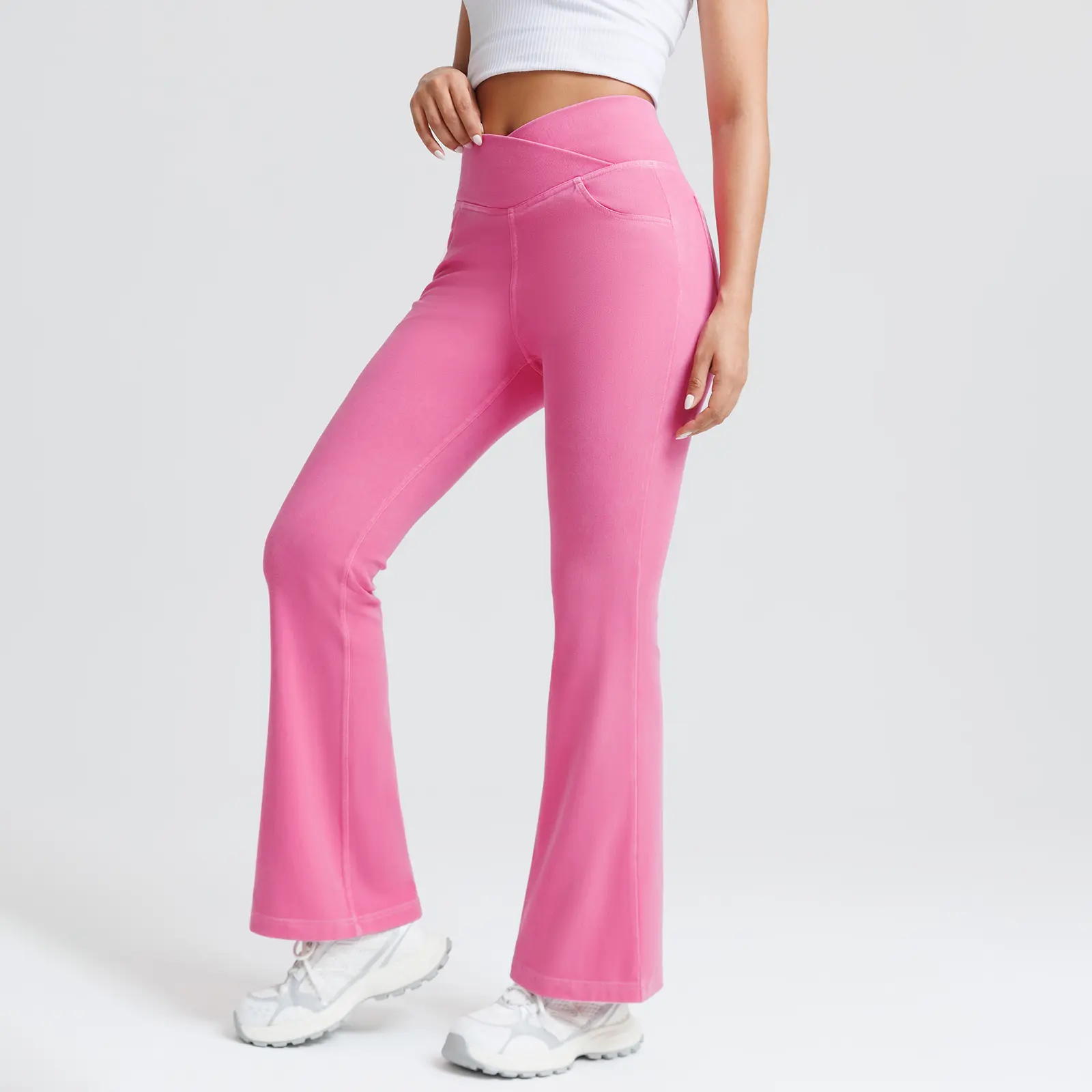 BRXL Women’s Fashion High-Waist Pink Crossover Denim Blend Leggings, Stretchy Tummy Control Bottoms with Back Pockets (Live Stream Discount Available)