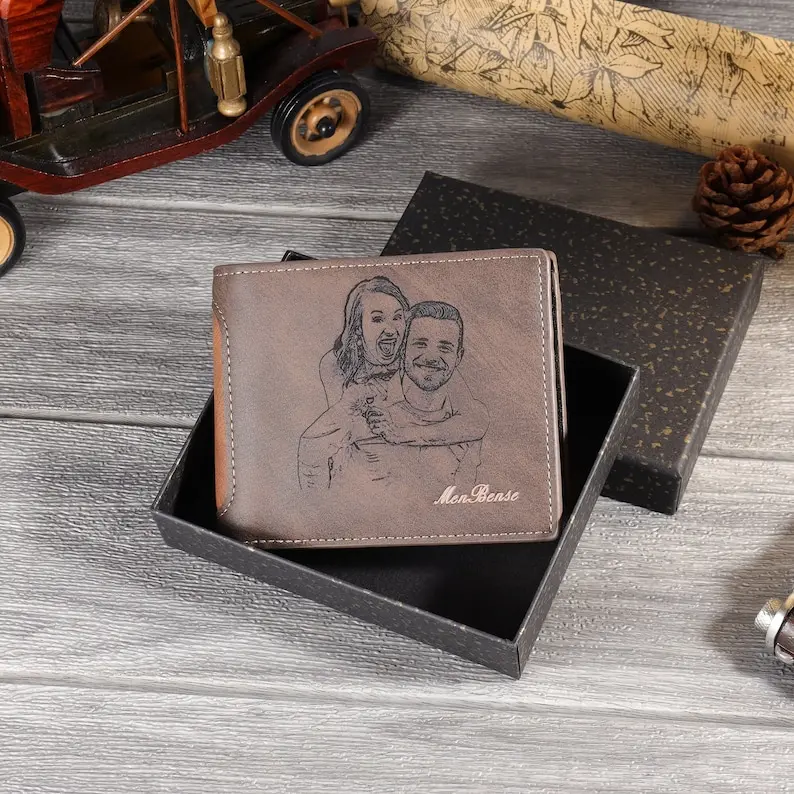Personalized Photo Mens Wallet, Custom Engraved Picture PU Leather Wallet,Memory Anniversary Gifts for Dad, for Husband, Father's Day Gift