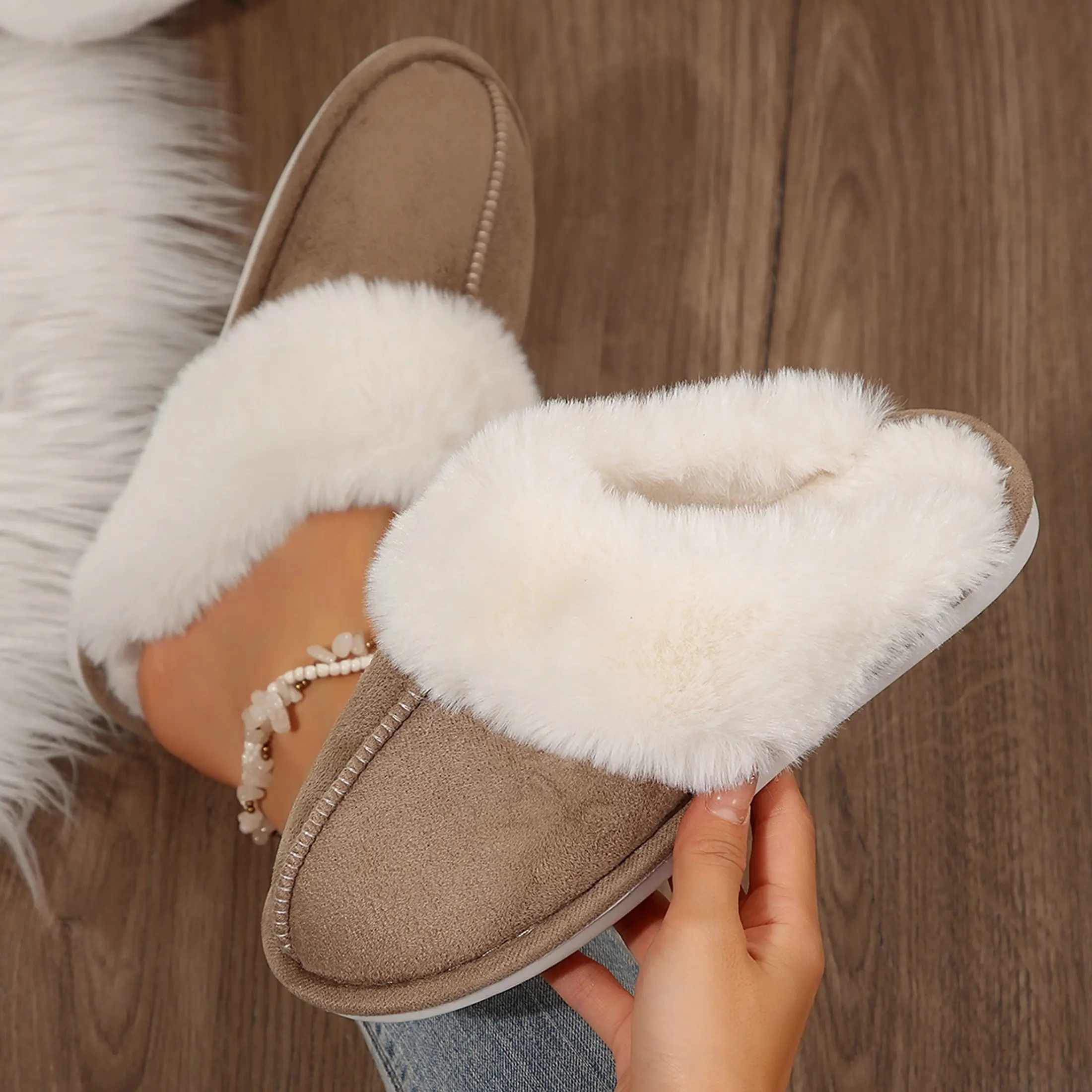 Warm Women's Plush Fleece-Lined Slip-On Moccasin with Fluffy Detail - Non-Slip Winter Home Slippers on Flat Platform Sole. So Cozy!