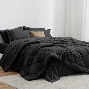 Queen Comforter Set Black, 7 Pieces Queen Bed in a Bag, All Season Bedding Sets with 1 Comforter, 1 Flat Sheet, 1 Fitted Sheet, 2 Pillowcase and 2 Pillow Sham| Soft, Breathable, Lightweight, Comfortable