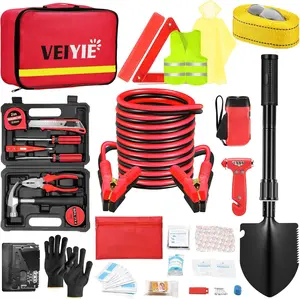 Car Emergency Kit - Roadside Assistance Kit with 10FTJumper Cables, Tow Strap, Tool Kit, Reflective Warning Triangle, Road Trip Essentials, for New Drivers, Teens