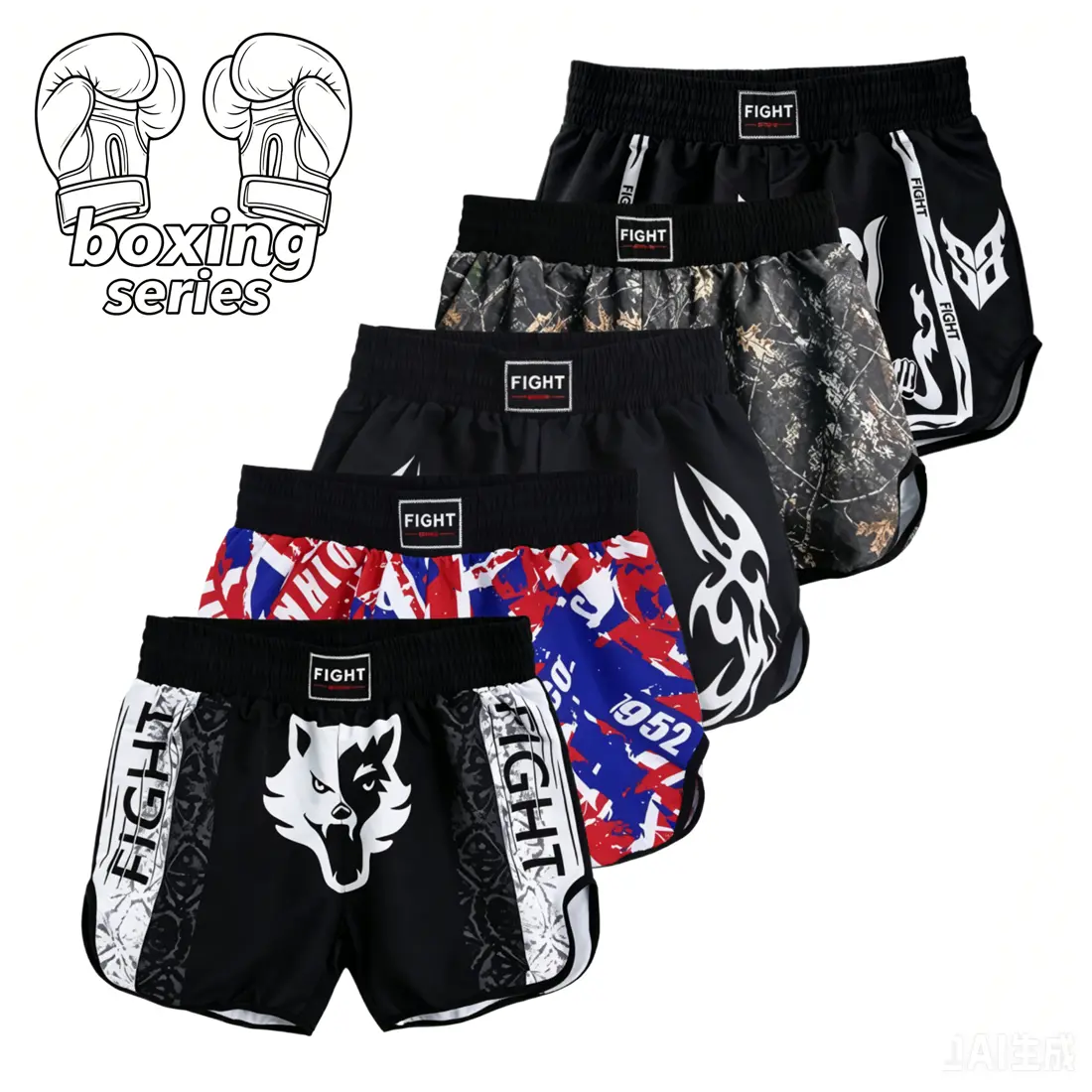 Men’s boxing shorts, available with multiple patterns; everyday sports and casual shorts for martial arts, combat, boxing, and fitness training; suitable for free fighting, mixed martial arts, local boxing training, and competitions.