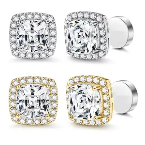 Unisex No Ear Piercing Magnetic Stud Earrings 14k Real Gold Plated Earrings for Women Hip Hop AAAAA + Cubic Zirconia Earrings for Men