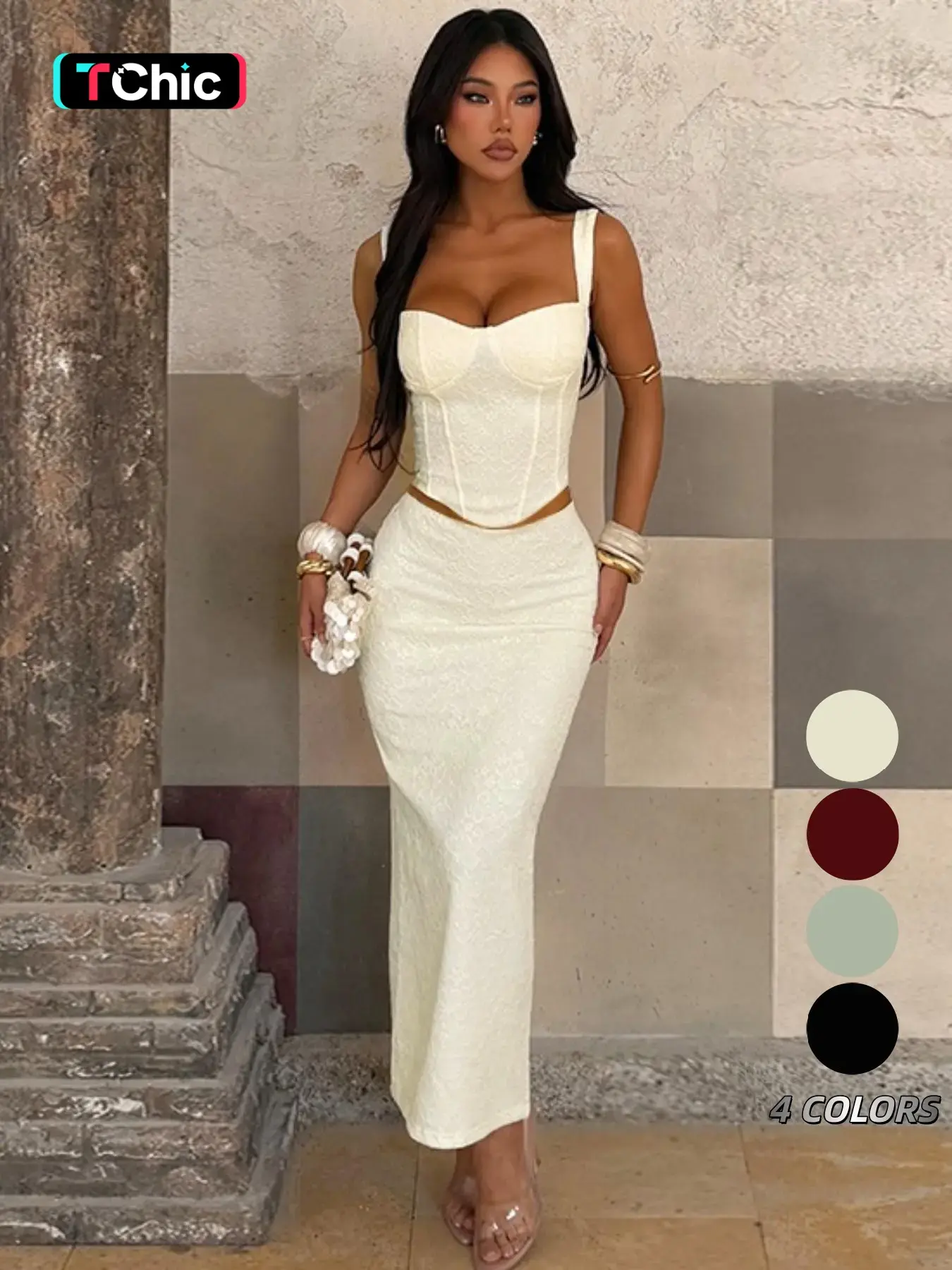 Women's Lace Corset Two-Piece Set - Casual Elegant Sleeveless Bustier & Bodycon Maxi Skirt for Wedding Guest/Party Outfit Womenswear