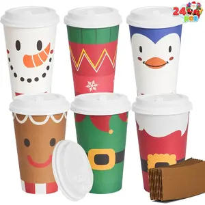24-Piece Christmas-Themed Disposable Paper Cup Set (Includes Sleeve and Lid) 6 Designs of 16-Ounce Christmas Drink Cups Featuring Snowflake, Santa Claus, and Reindeer Patterns Suitable for Hot Coffee and Cold Beverages Holiday Tableware and Gifting