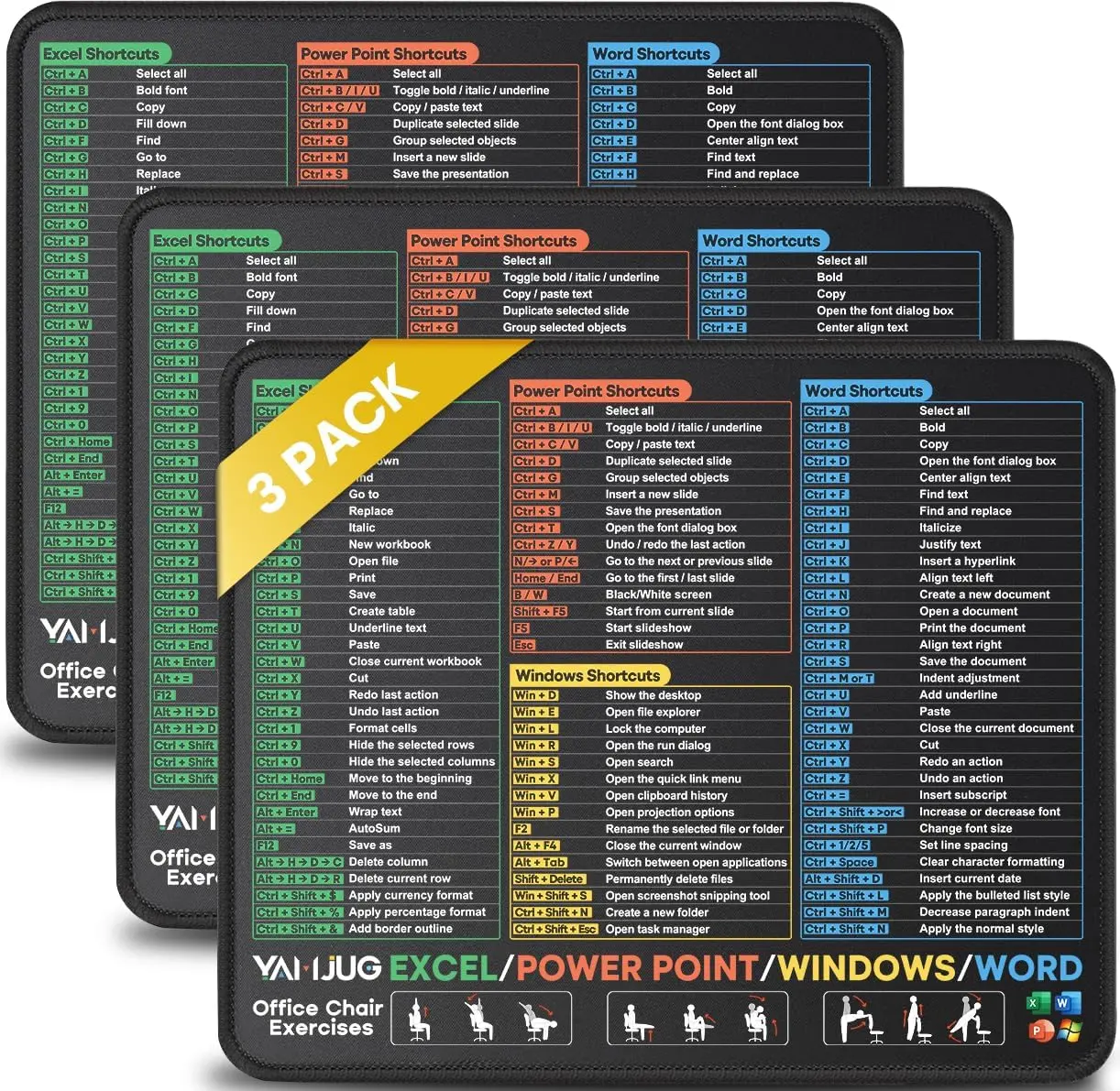 3 Pack  Pads for Excel Word PowerPoint Windows Shortcuts, Extra Clear Excel Cheat Sheet Desk Pad with Stitched Edges, 10.2x8.3x0.12inch Portable Non-Slip Mousepad for Gaming Office Home