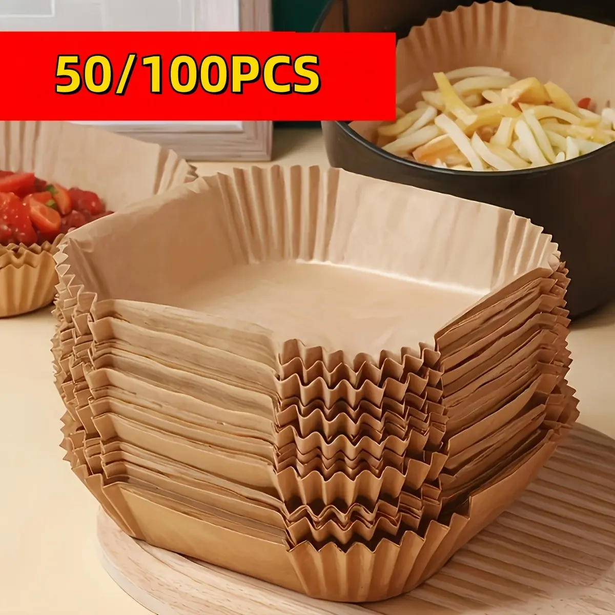50/100-sheet pack of non-stick air fryer liners—easy to clean and perfect for healthy cooking Baking Supplies. Each sheet is suitable for baking, roasting, and microwaving—ideal for both home and commercial kitchens.