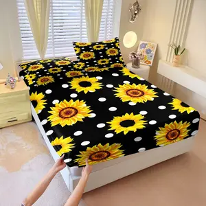3Pcs Sunflower Fitted Sheet Set, Sunflower Sheets, Vibrant Yellow Sunflowers and Polka Dots on Black Background, Stylish and Comfortable Bedding, Perfect for Brightening Up Your Bedroom with Cheerful Floral Design Includes 2 Pillowcases, No Pillow Core