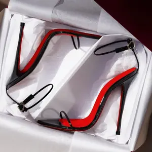 2026 New Minimalist Line Curved Straight Strap 10cm Ultra High Heel Sandals Sexy Wristband Large Size Thin Heel 10cm Red Bottom Women Girl